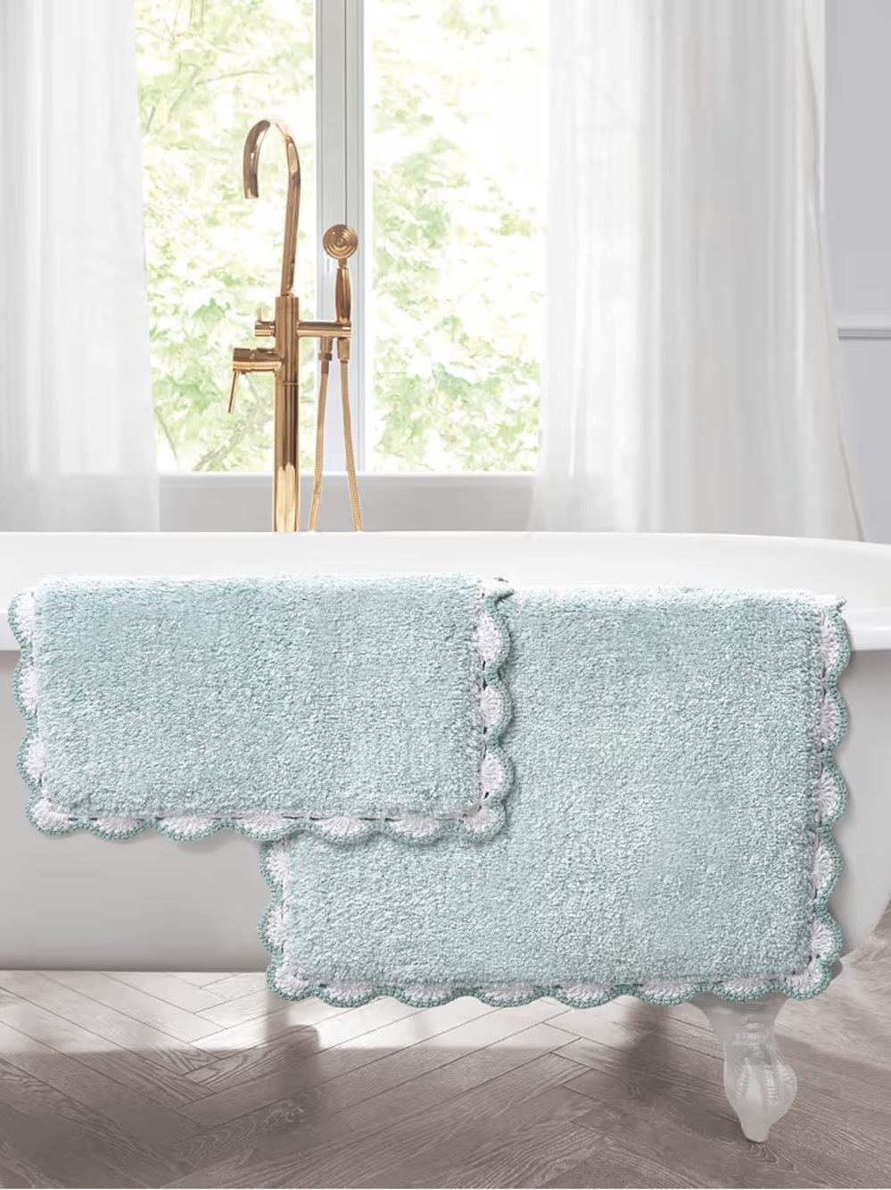 Laura Ashley Heathered Crochet Border Cotton Skid-Resistant Bath Rug Set, Aqua